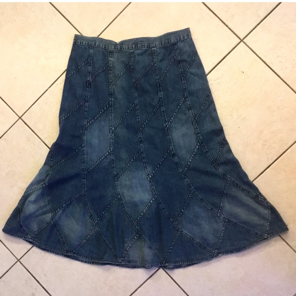 Blue Patchwork Denim Skirt Vintage XL A-Line Elastic Back Boho Midi 100 Cotton